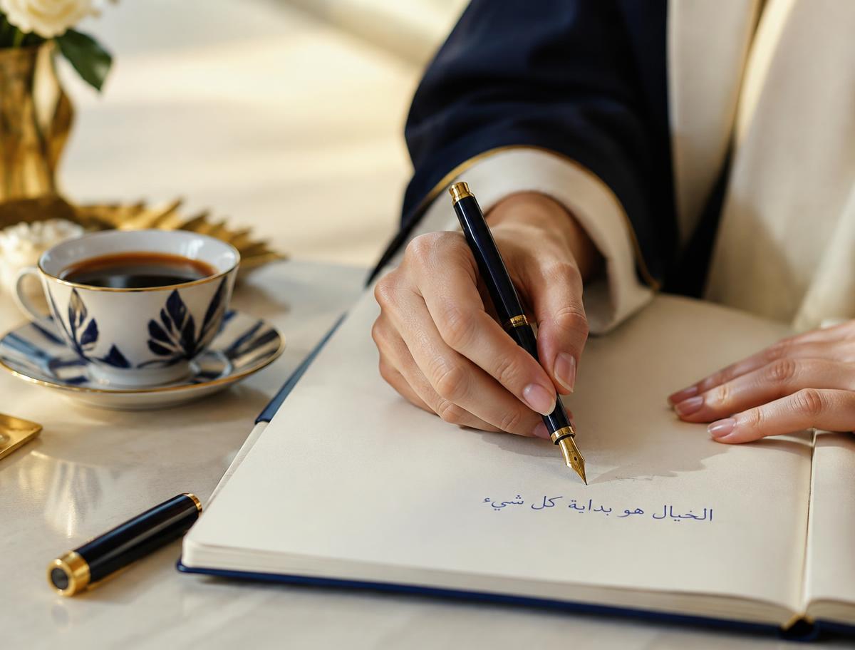 A learner practising Arabic handwriting with a fountain pen